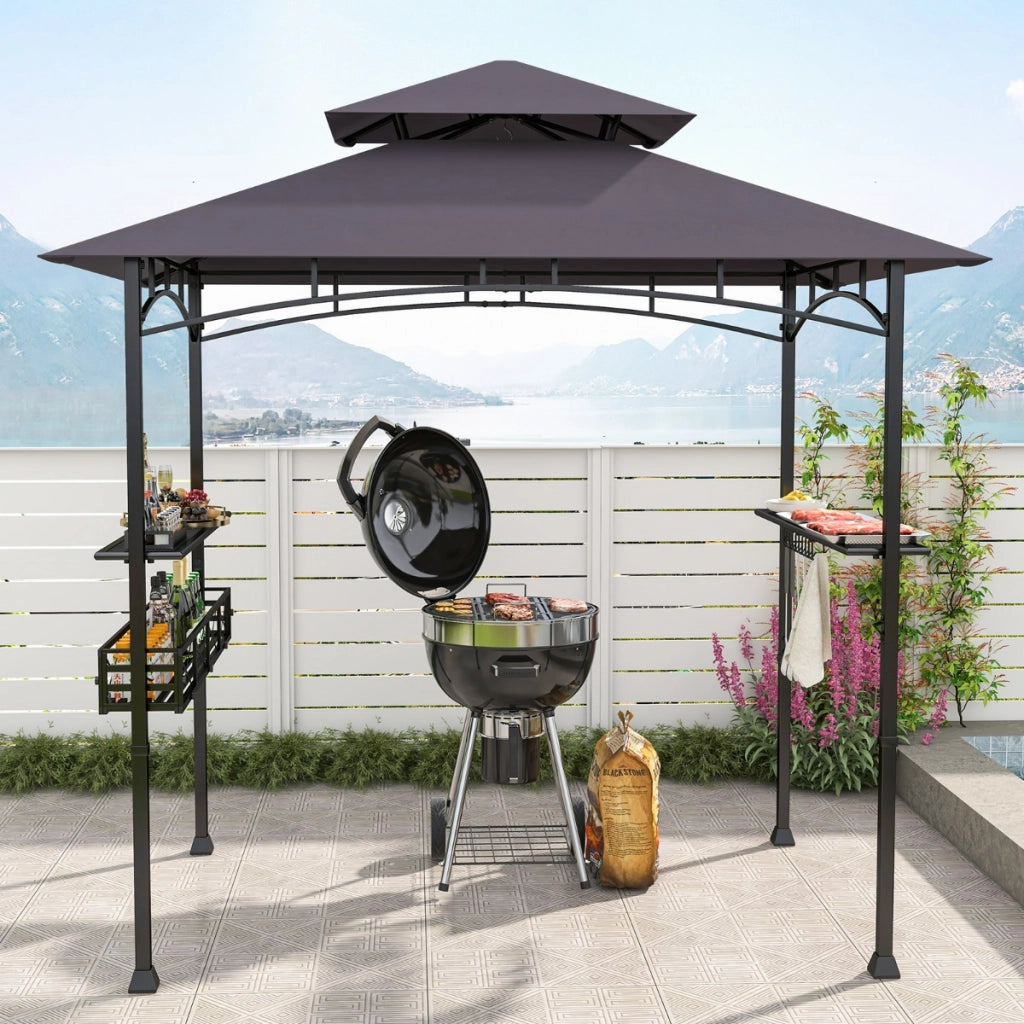Gazebo barbecue con 2 ripiani laterali cestino ganci appendiutensili-Tendone da esterno per barbecue 242x153cm Grigio scuro