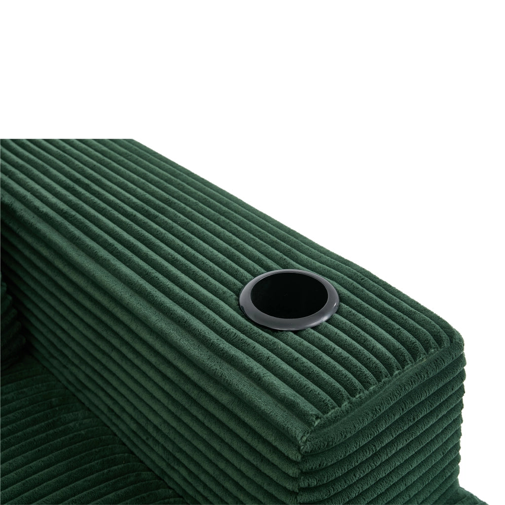 Divano lineare con 3 cuscini e doppi portabicchieri in poliestere imbottito - verde rétro 265×176×60 cm