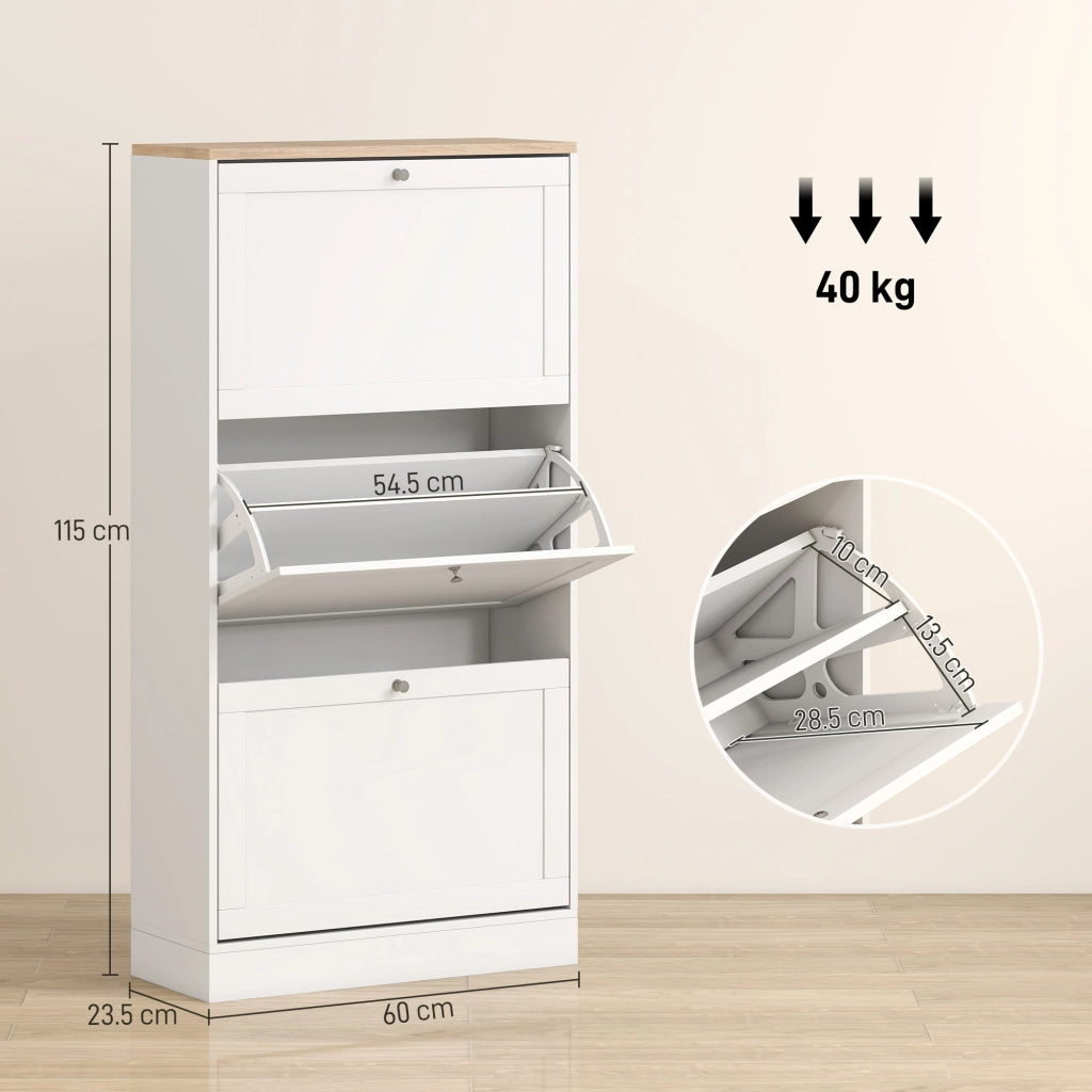 Scarpiera Salvaspazio a 3 Cassetti per 18 Paia di Scarpe 60x23.5x115 cm Ripiani Regolabili in Legno Bianco