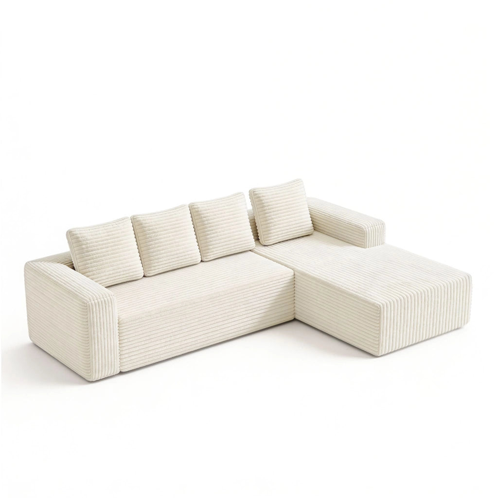 Divano ad angolo, divano a L, con poltrona reclinabile a destra, design modulare, 4 cuscini, pronto all’uso, beige