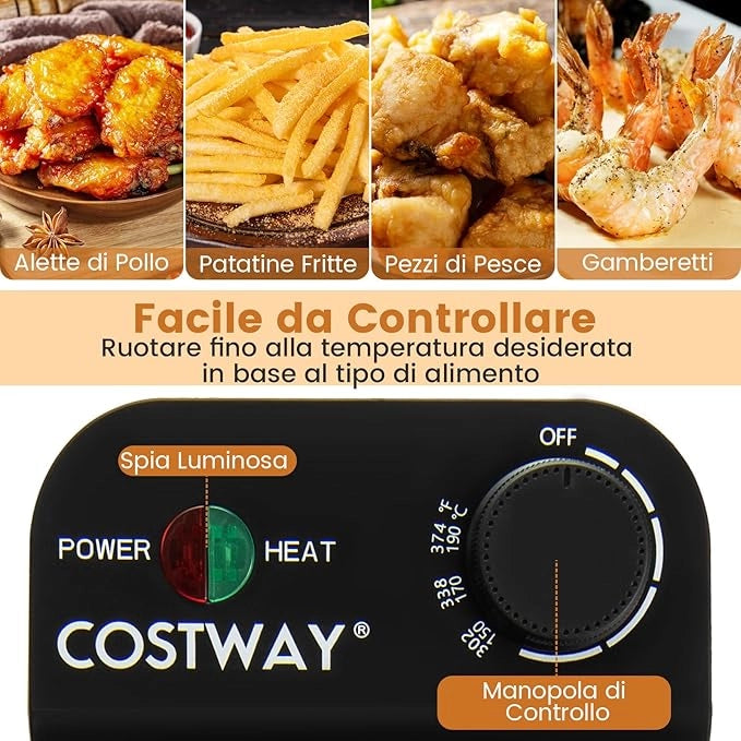 2000W Friggitrice Elettrica in Acciaio Inox 5L, Friggitrice Olio con 3 Cestelli, Temperatura Regolabile Fino a 190 °C e Coperchio Visibile