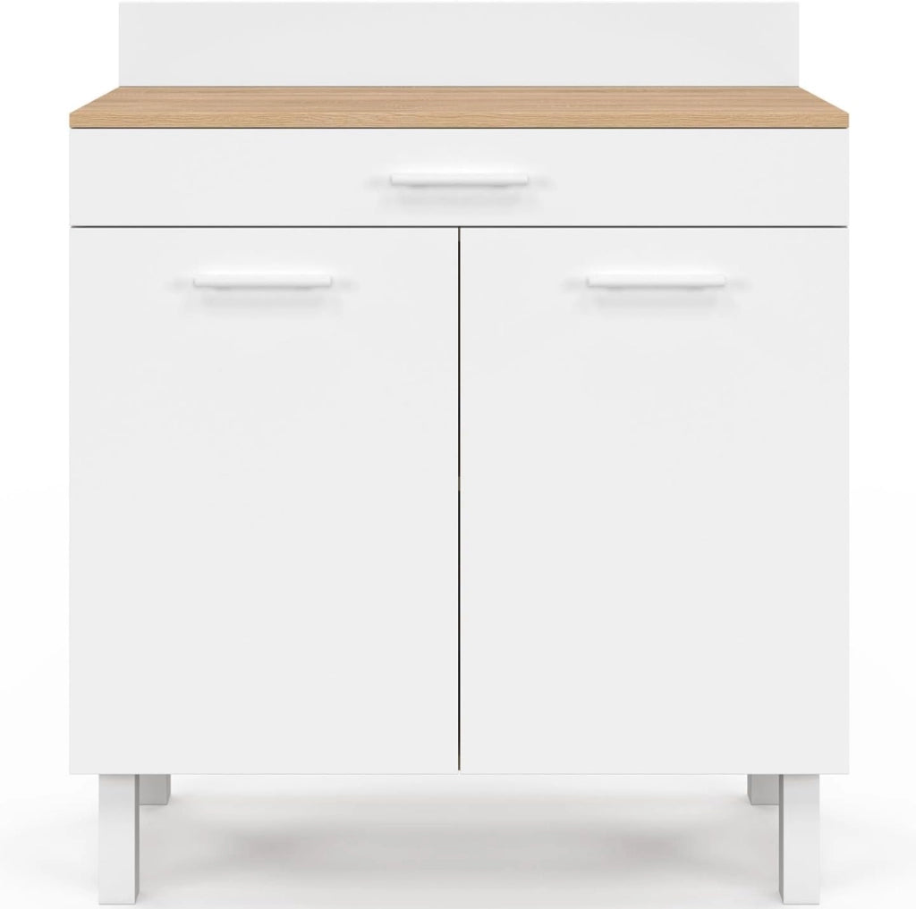 Cassettiera bassa CINA 80 cm con piano di lavoro H.83 cm, 2 ante + cassetto, finitura faggio e bianco