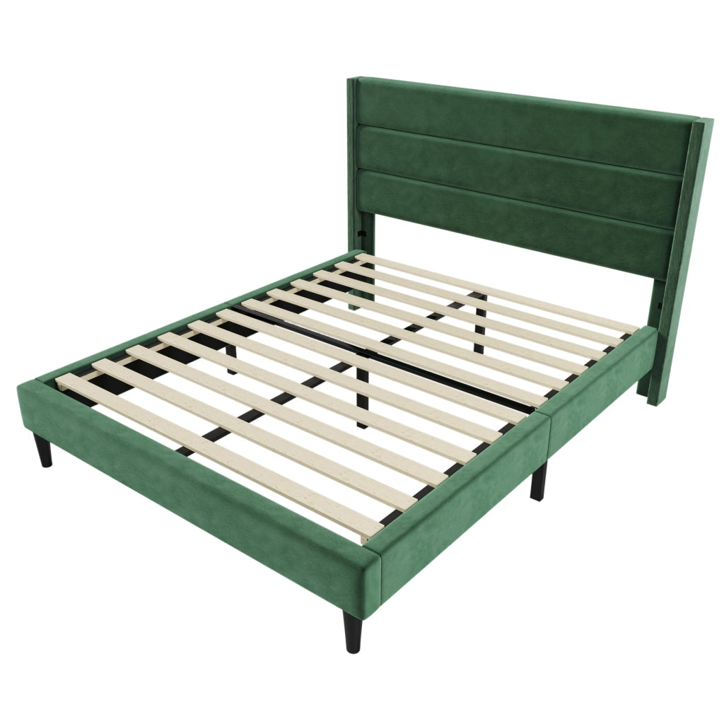 Letto imbottito 140x200 cm in velluto verde scuro con rete a doghe e testiera