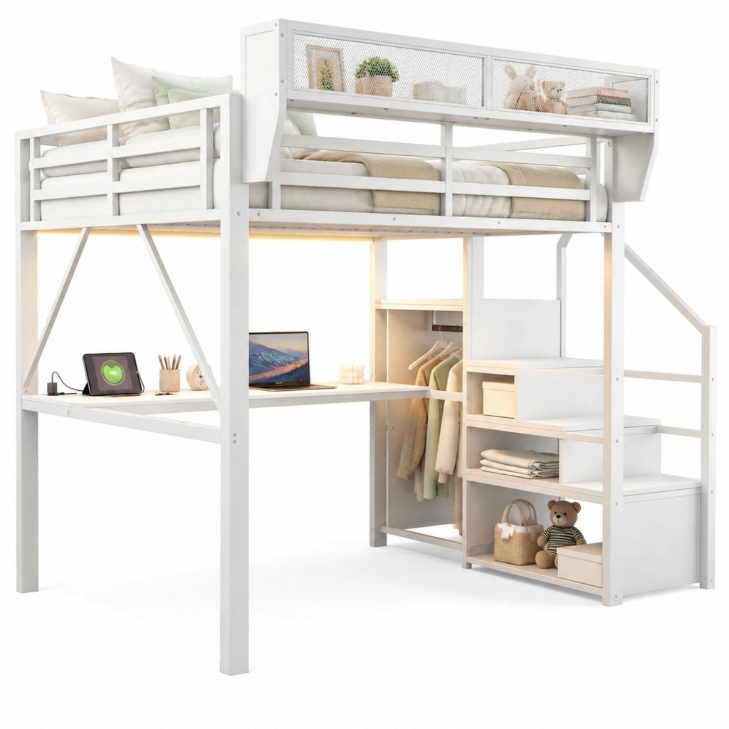 Letto a soppalco 140x200 cm in metallo con scrivania; striscia LED; scala e ripiani; bianco