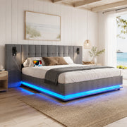 DESMIU Letto imbottito 180 × 200 cm con LED, luce da lettura e USB, senza materasso, in lino e MDF, grigio