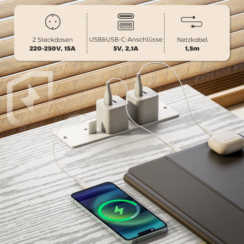 Scrivania da ufficio con 2 USB e 2 prese ¨C zephmum ¨C bianco 120x40x76 cm