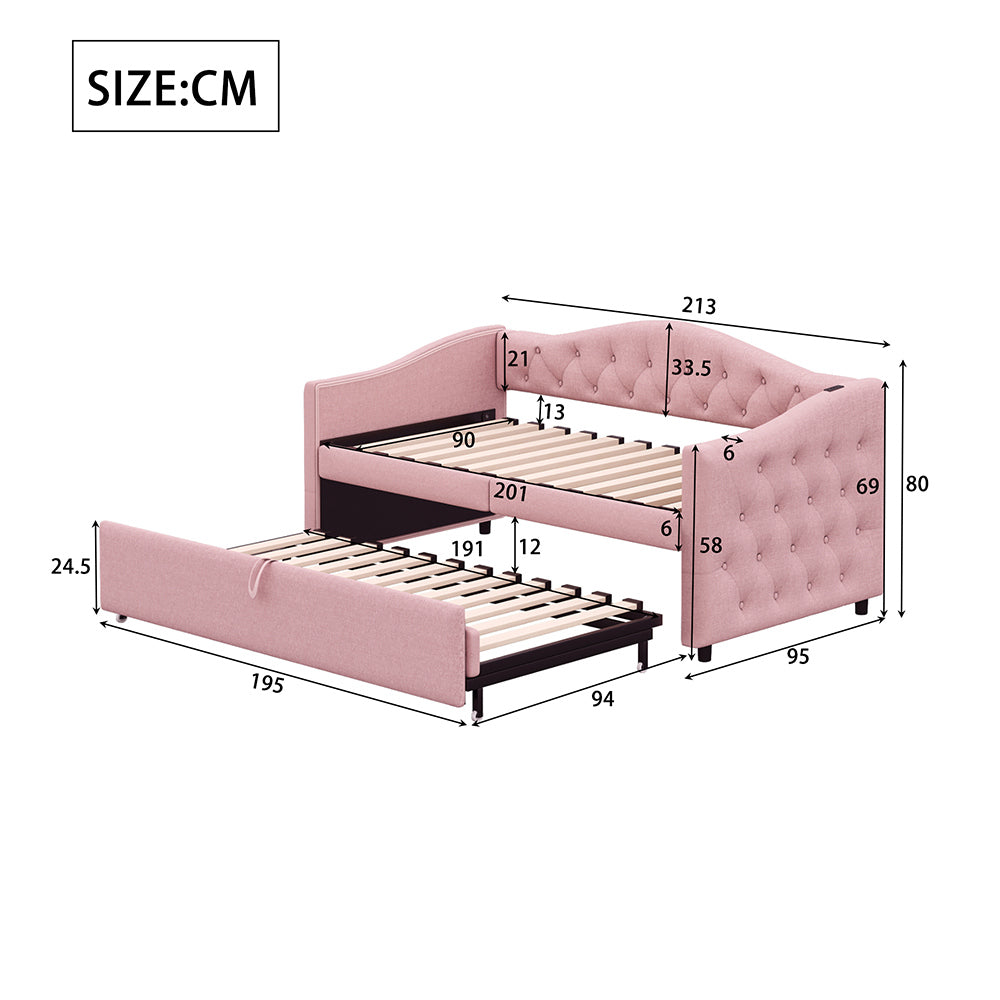 Letto estensibile 90x200 cm - Xylo - USB, classico, multifunzionale, lino rosa