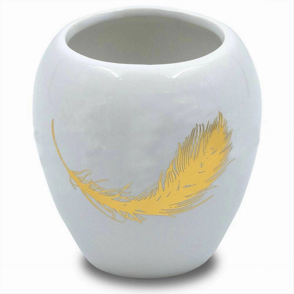 Trade Shop - Bicchiere Portaspazzolini In Ceramica Bianca Con Piuma Oro Accessori Bagno 59895 -