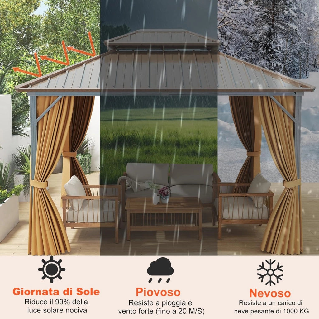 Gazebo da Giardino 3,5 x 3 m Hardtop Doppio Tetto, Gazebo in Metallo Zincato e Alluminio Effetto Legno con Zanzariera e 4 Teli Laterali, Gazebo Hardtop per Terrazza e Giardino, Marrone