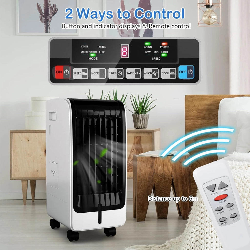 Raffreddatore d’Aria 75 W, 3 in 1 Air Cooler & Ventilatore & Umidificatore, 3 Modalità, 3 Velocità Regolabili, Timer 8 H, Serbatoio Acqua 6L, Telecomando, per Salone, Camera da Letto, Ufficio