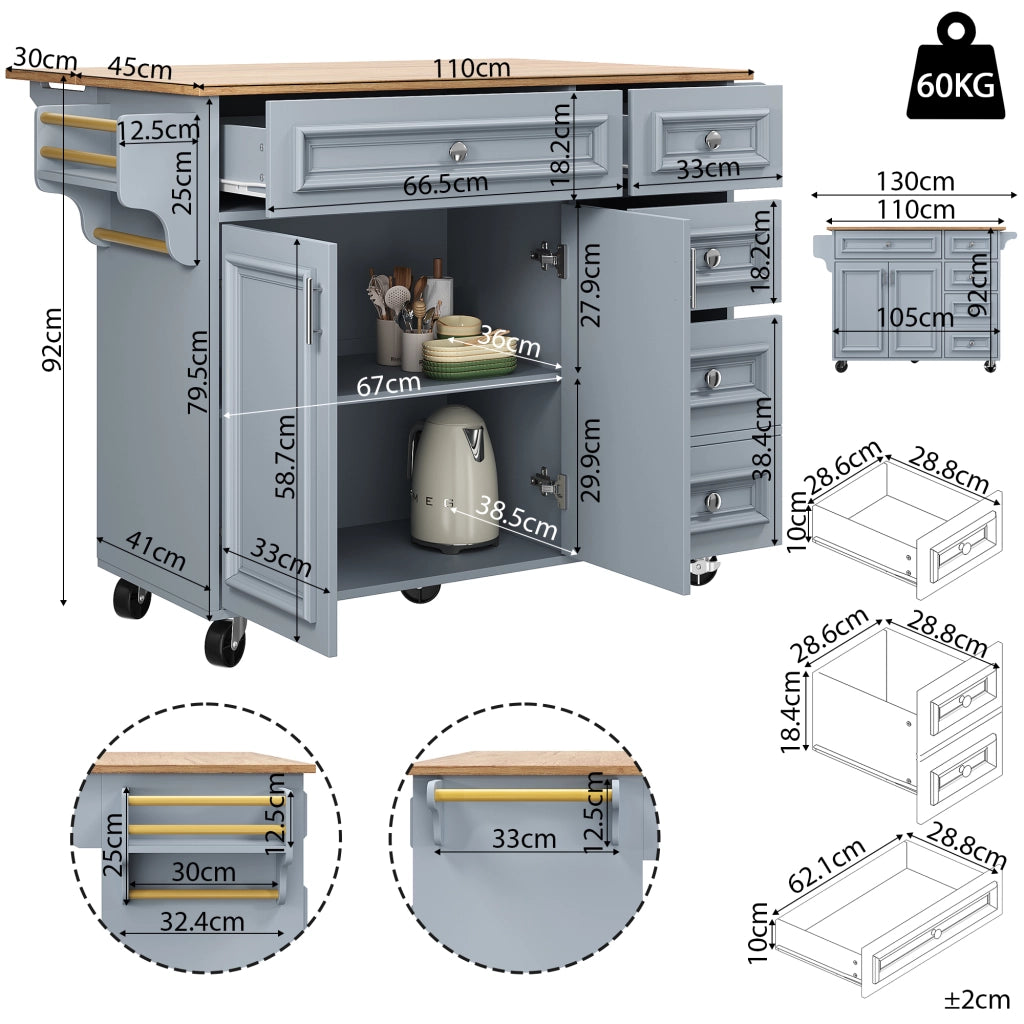 Carrello da Cucina con Cassetti e Ripiani Regolabili; Piano Ribaltabile; per Cucina; in MDF; Azzurro