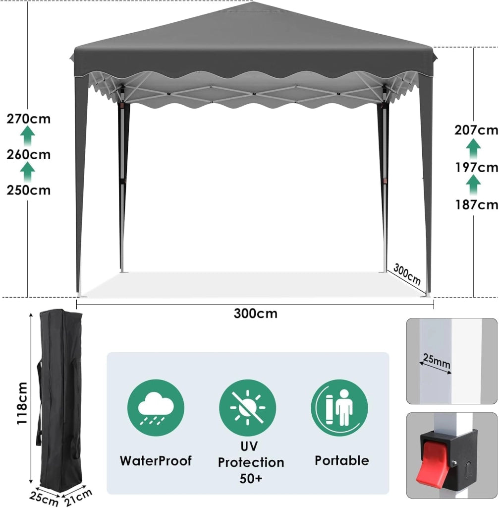 Gazebo 3x3, Tenda de Giardino, Gazebi Pieghevole con Oxford 420D, Pergola Impermeabile, Fête Tente Regolabile in Altezza, Protezione UV 50+, per Spiaggia, Cortile, Giardino, Grigio Scuro