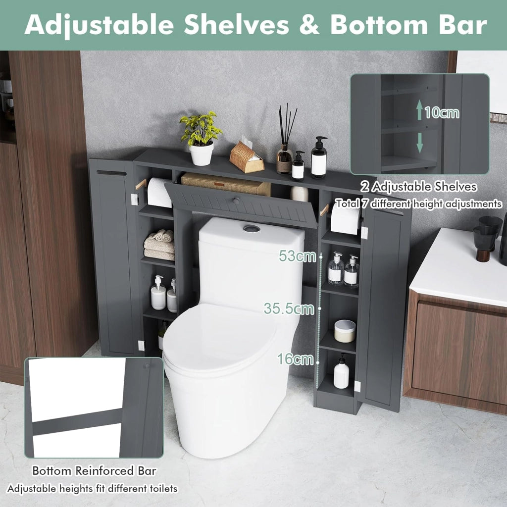 Mobile per Lavatrice, Mobile sopra Toilette, Mobiletto Bagno sopra Toilette, Armadietto da Incasso, in Legno, con Anta, Bagno Salvaspazio, con Porta Carta Igienica (Grigio)