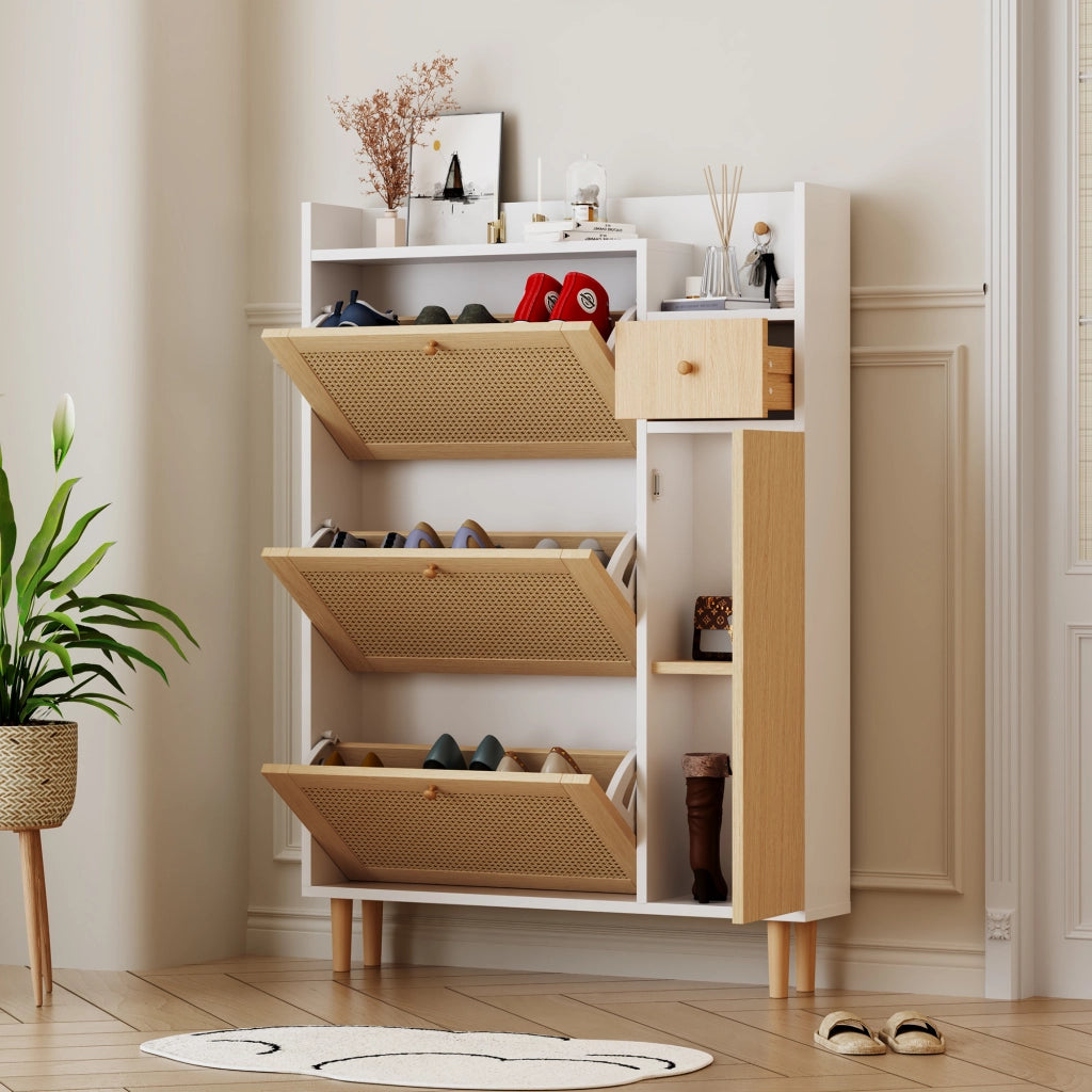 Scarpiera con 3 Ante a Ribalta e 1 Cassetto; Rattan; Gambe in Legno; in MDF; 90×17×125 cm; Naturale Bianco