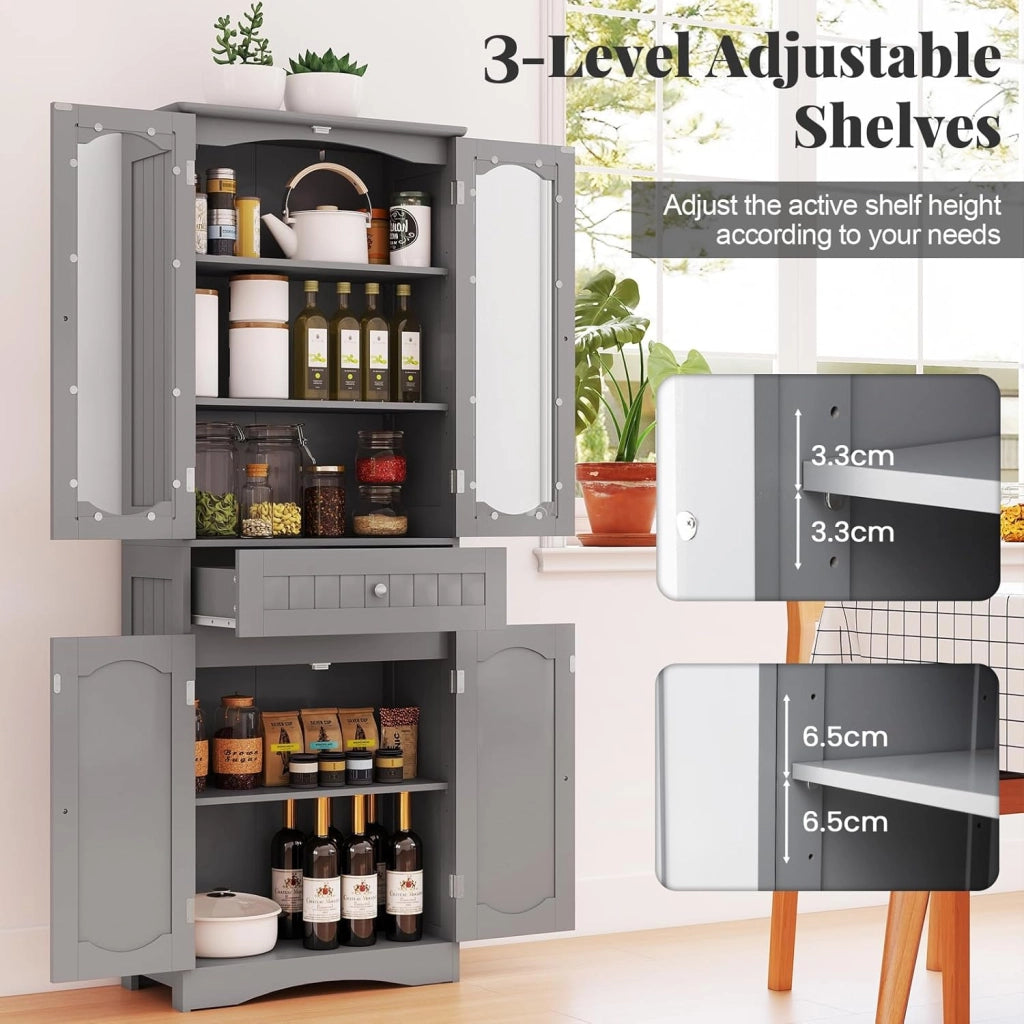 Mobile da Bagno a Terra, Armadietto da Bagno Alto, Mobiletto da Bagno Moderno, con 4 Ante in Vetro e 1 Cassetto, Ripiani Regolabili in Altezza, Ampio Spazio di Stoccaggio per Casa (Grigio)