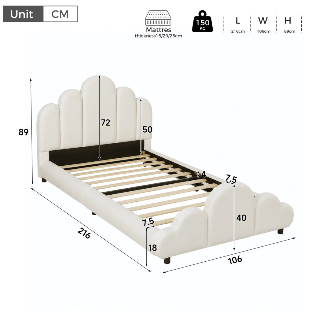 Letto imbottito 90x200 cm con design a nuvola e angoli arrotondati in velluto beige