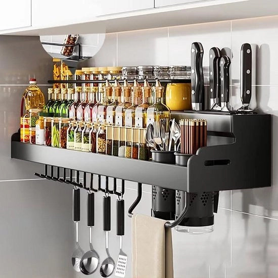 Kruidenrek e menùtiera da appendere senza martellare - Supporto per utensili con ganci - Menùtiera per cucina da 50 cm in nero