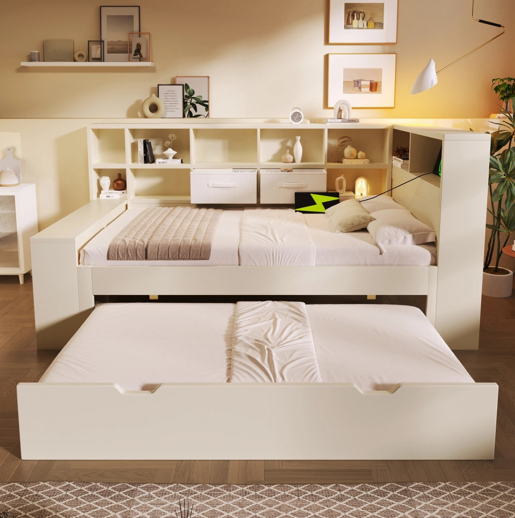 Letto singolo 90x190 con letto estraibile, USB/Type-C e vani portaoggetti, bianco
