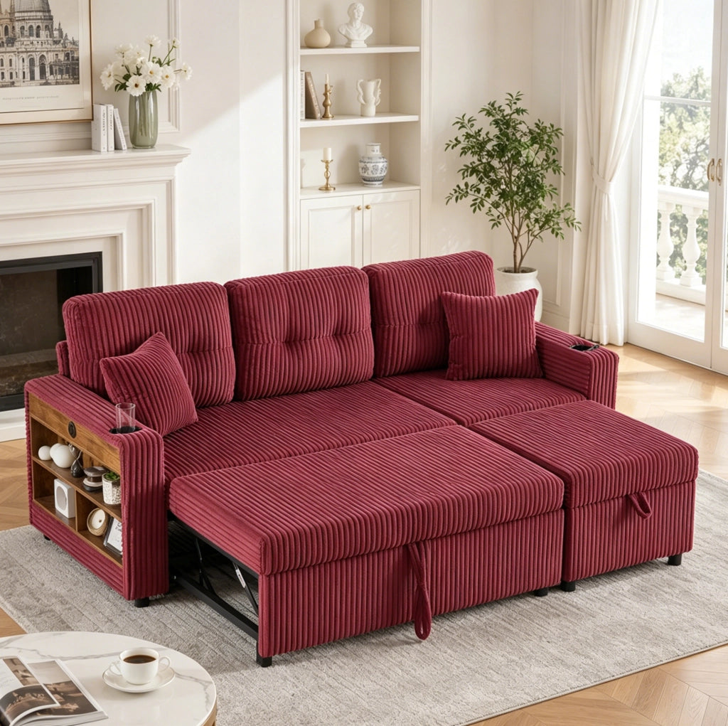 Divano letto in corduroy con contenitore; USB-C e LED; 196 cm; rosso vino