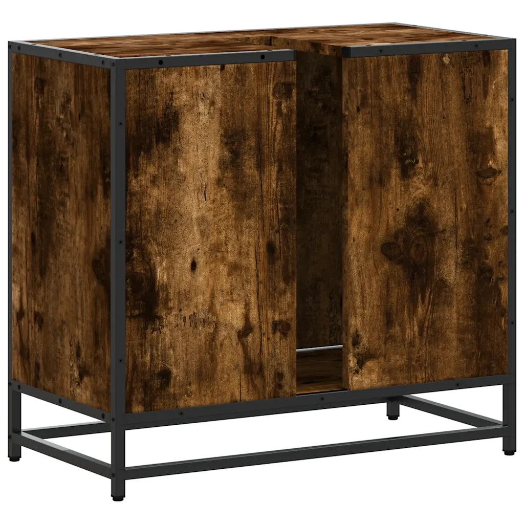 Elegante mobiletto da bagno in stile retrò 65 x 33 x 60 cm con vano contenitore in stile industriale legno di rovere affumicato 02_0049669