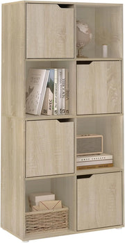 Libreria Autoportante, Porta Libri a 8 Cubi, Libreria con 4 Ante, Scaffale Portaoggetti per Soggiorno, Ufficio, Studio, Camera da Letto, in Legno, Rovere Chiaro, SK039hei