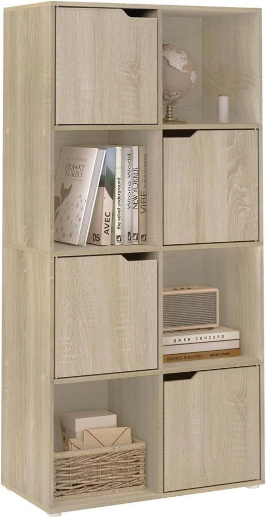 Libreria Autoportante, Porta Libri a 8 Cubi, Libreria con 4 Ante, Scaffale Portaoggetti per Soggiorno, Ufficio, Studio, Camera da Letto, in Legno, Rovere Chiaro, SK039hei