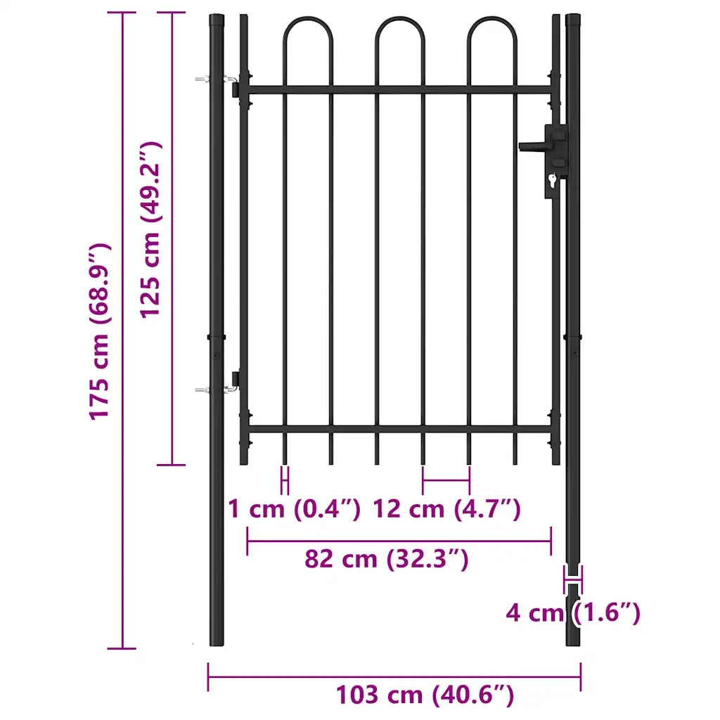 Cancello per recinzione Boxtel porta singola con parte superiore ad arco in acciaio 1x1,2 m Nero 146030