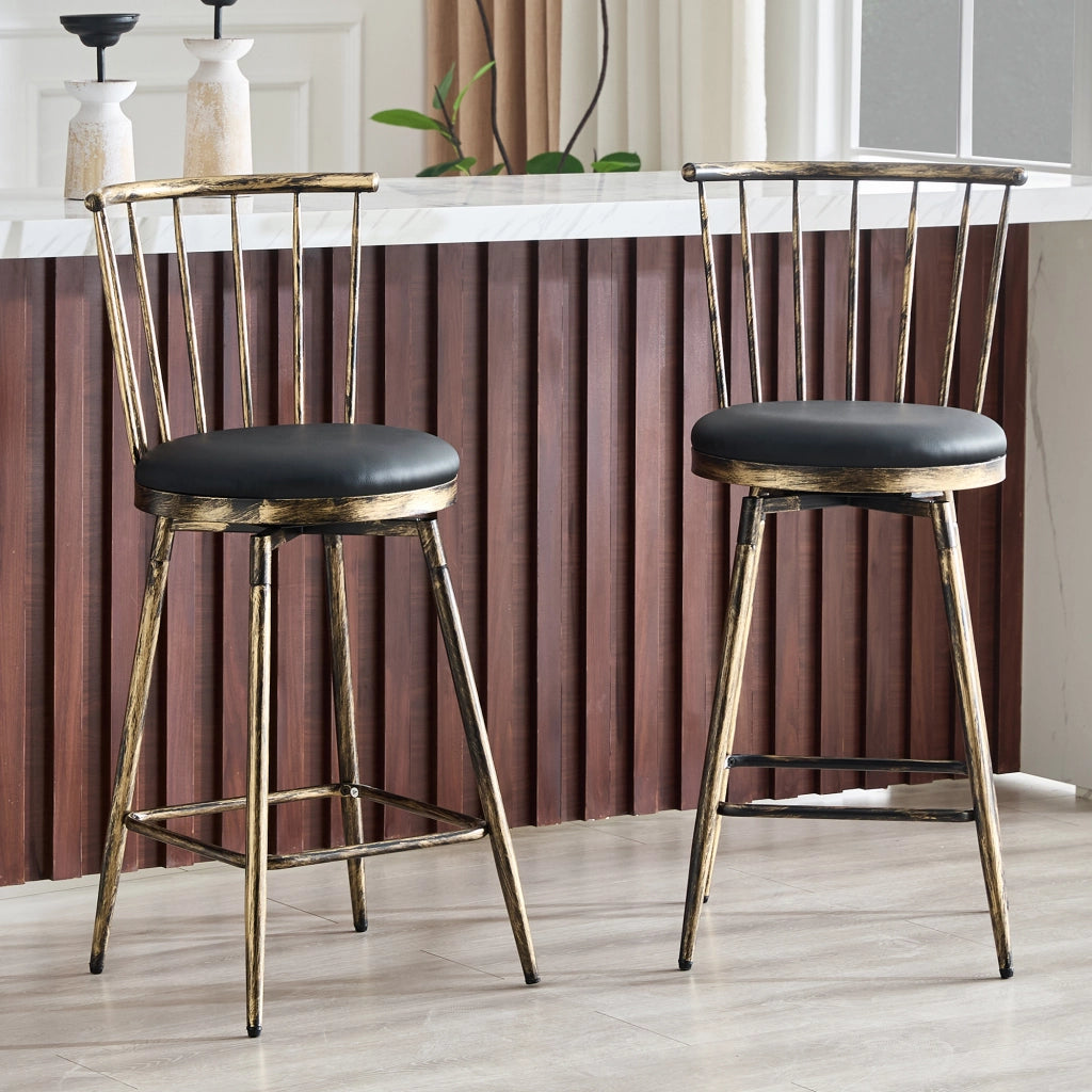 Sgabello da bar imbottito con schienale Windsor e poggiapiedi in metallo e similpelle nero marrone 73 × 45,5 × 45 cm
