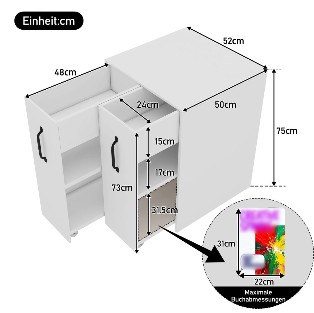 Mobile contenitore con ruote 52x50x75 cm; in truciolare bianco; reversibile