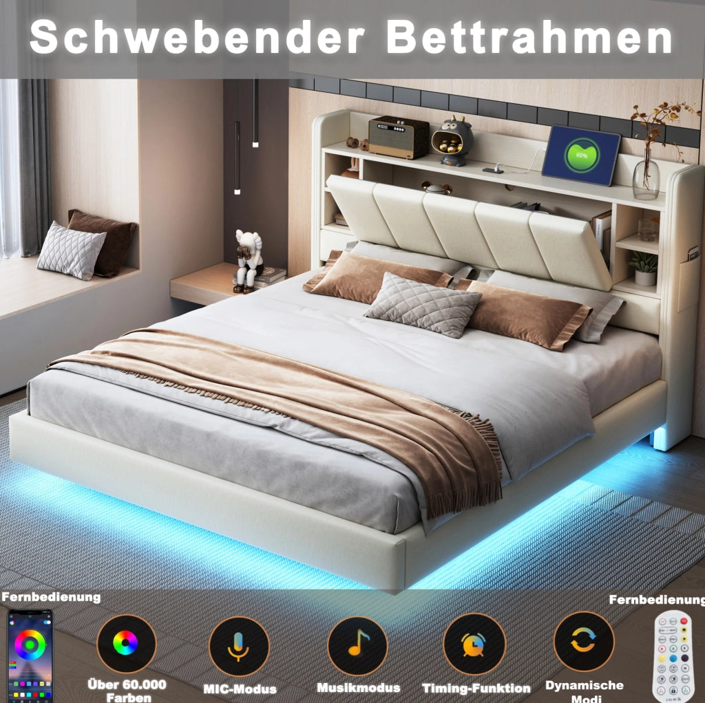Letto matrimoniale imbottito 160x200 cm beige con LED e USB