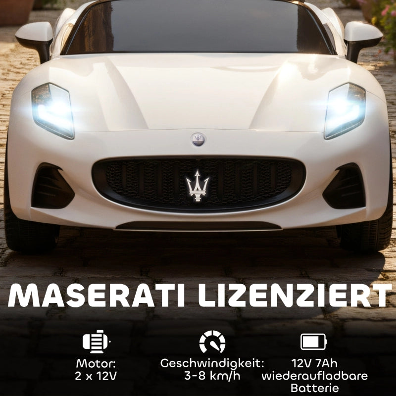 Maserati auto elettrica per bambini, 2 posti, alimentazione a batteria 12V, telecomando, luci a LED, funzione musicale, bianca