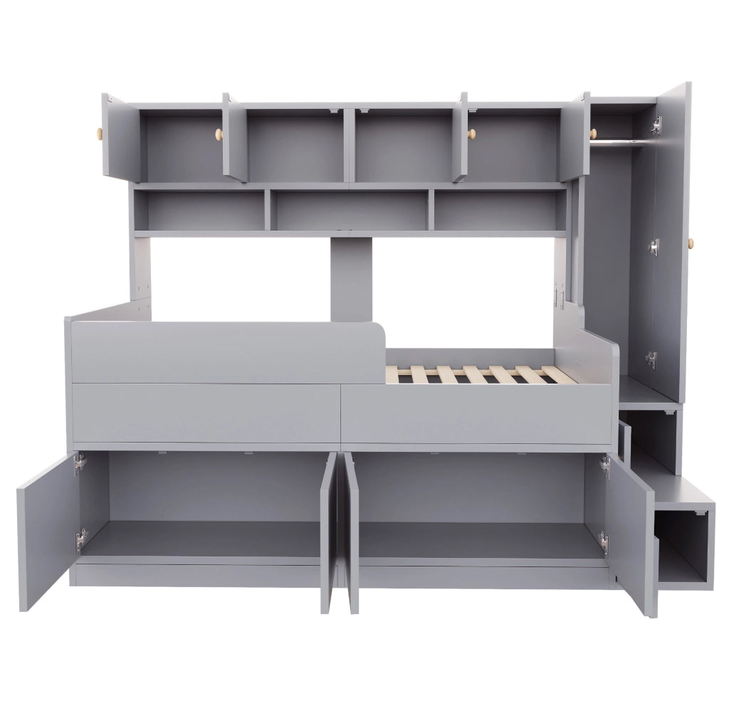 Letto a soppalco per bambini 90x200 cm con armadio; vani contenitore; LED e barriera; grigio