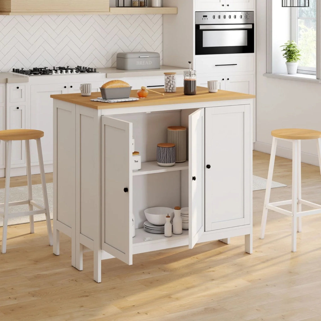 IDMarket - Tavolo bar ad isola Achille e 2 sgabelli in legno bianco con piano in faggio