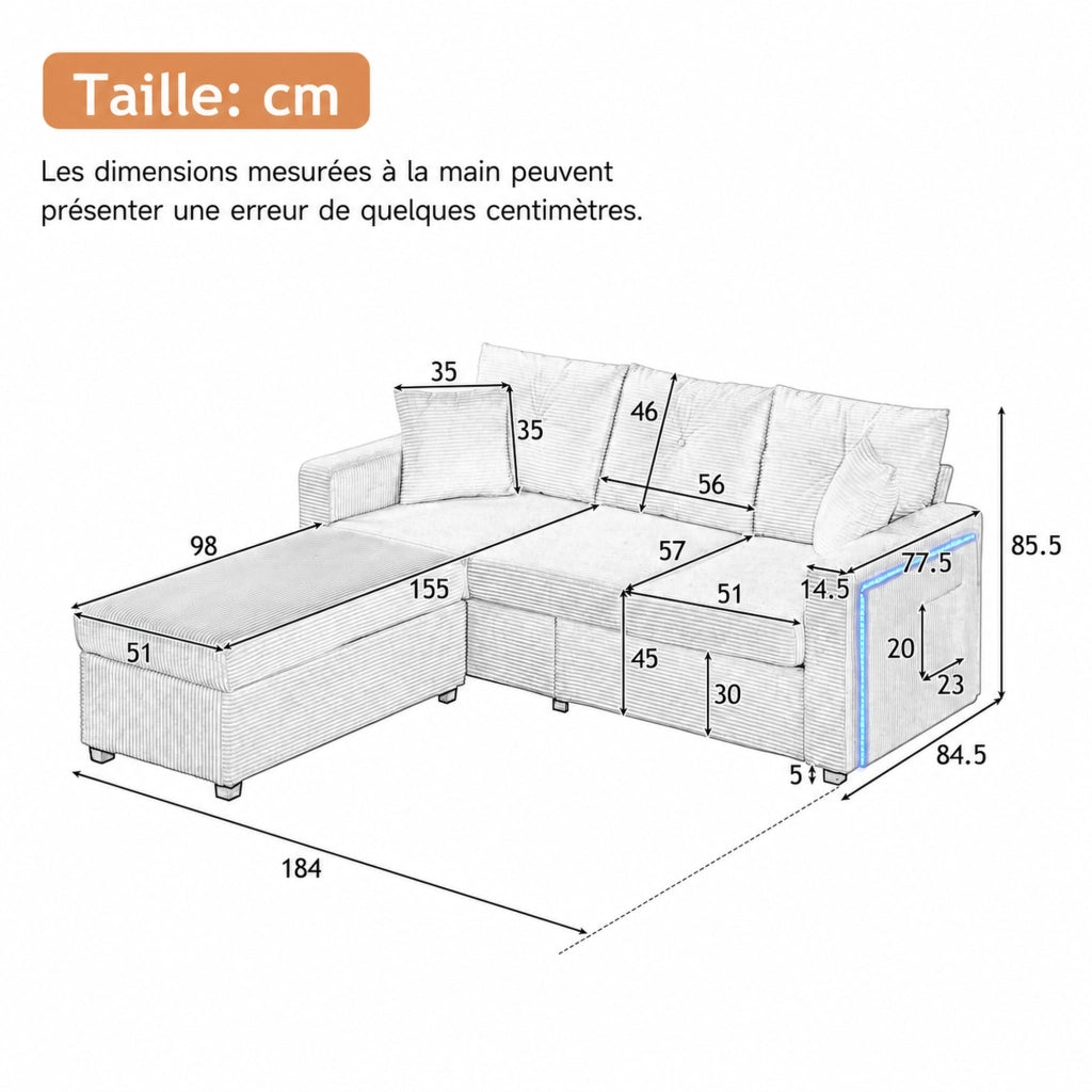 Divano ad angolo modulare con illuminazione LED e pouf versatile, con 2 cuscini, in tessuto corduroy grigio antico