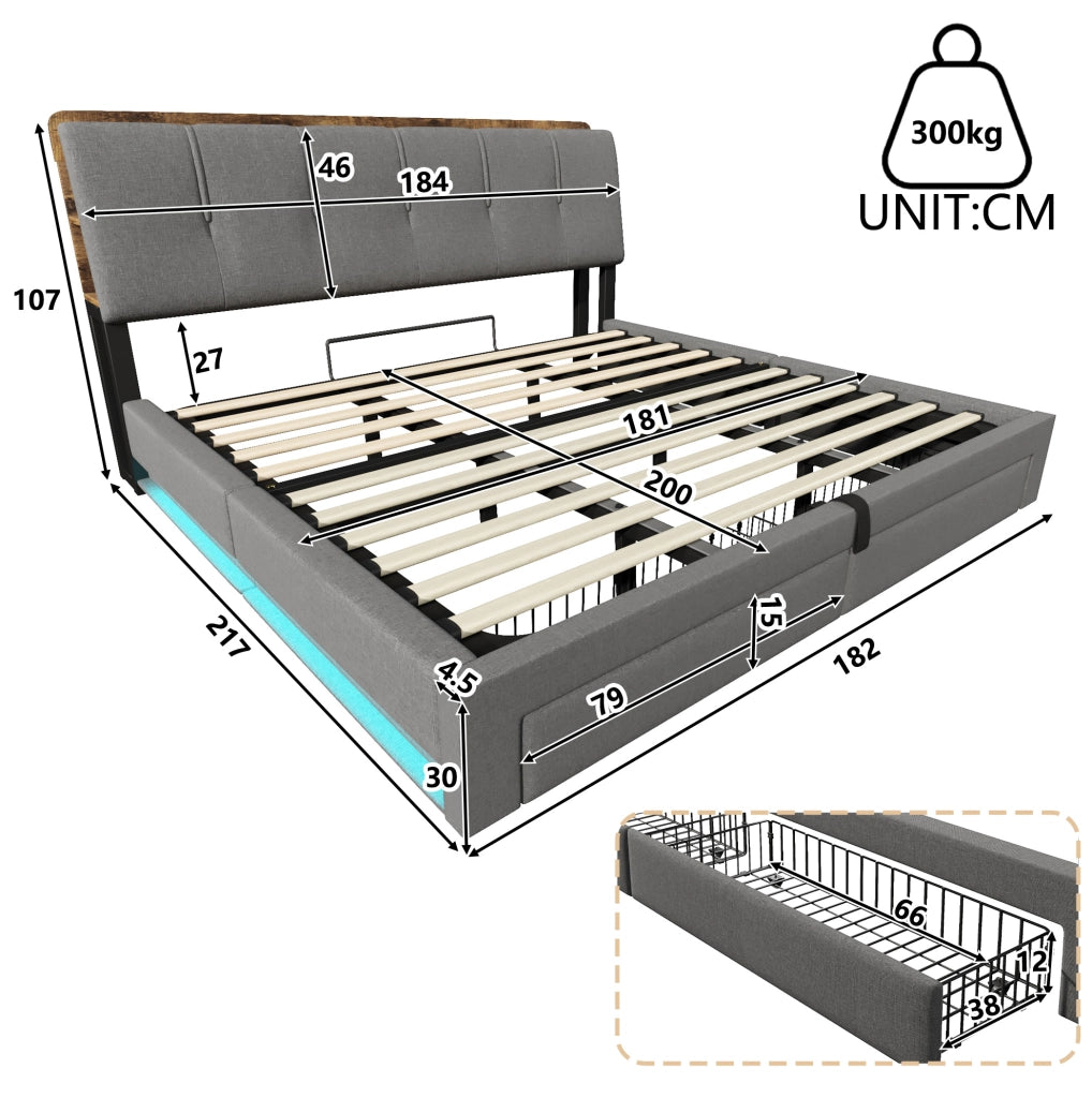 Letto matrimoniale imbottito 180x200 cm in lino grigio con contenitore; USB e LED