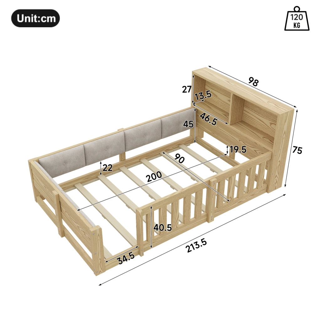 Letto per bambini 90x200 cm con sponde; testiera con spazio contenitore e luci LED; naturale