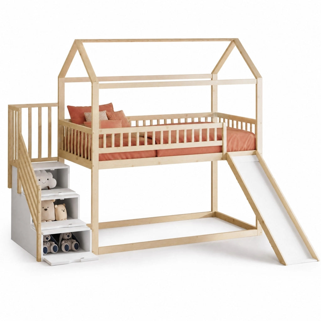 Letto a soppalco 90x200 cm in legno con scivolo e scala
