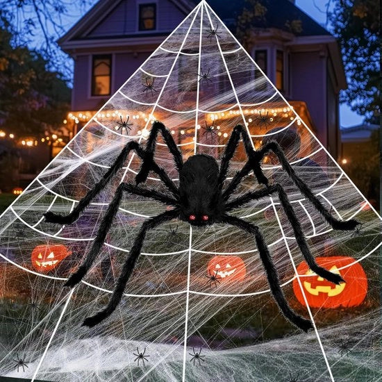 Set di ragni da Halloween, 1,5 m, ragno con occhi rossi, 20 pezzi di mini-ragni, 80 g di seta da ragno, decorazioni giganti adatte per casa dei fantasmi, cortile, feste