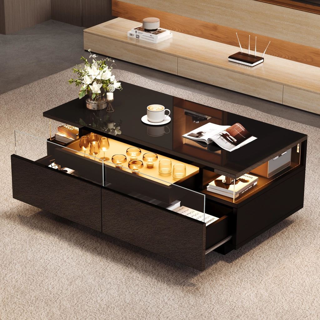 Tavolino da caffè 90x45x35;5 cm; con vassoio e LED; truciolare; vetro temperato e acrilico nero