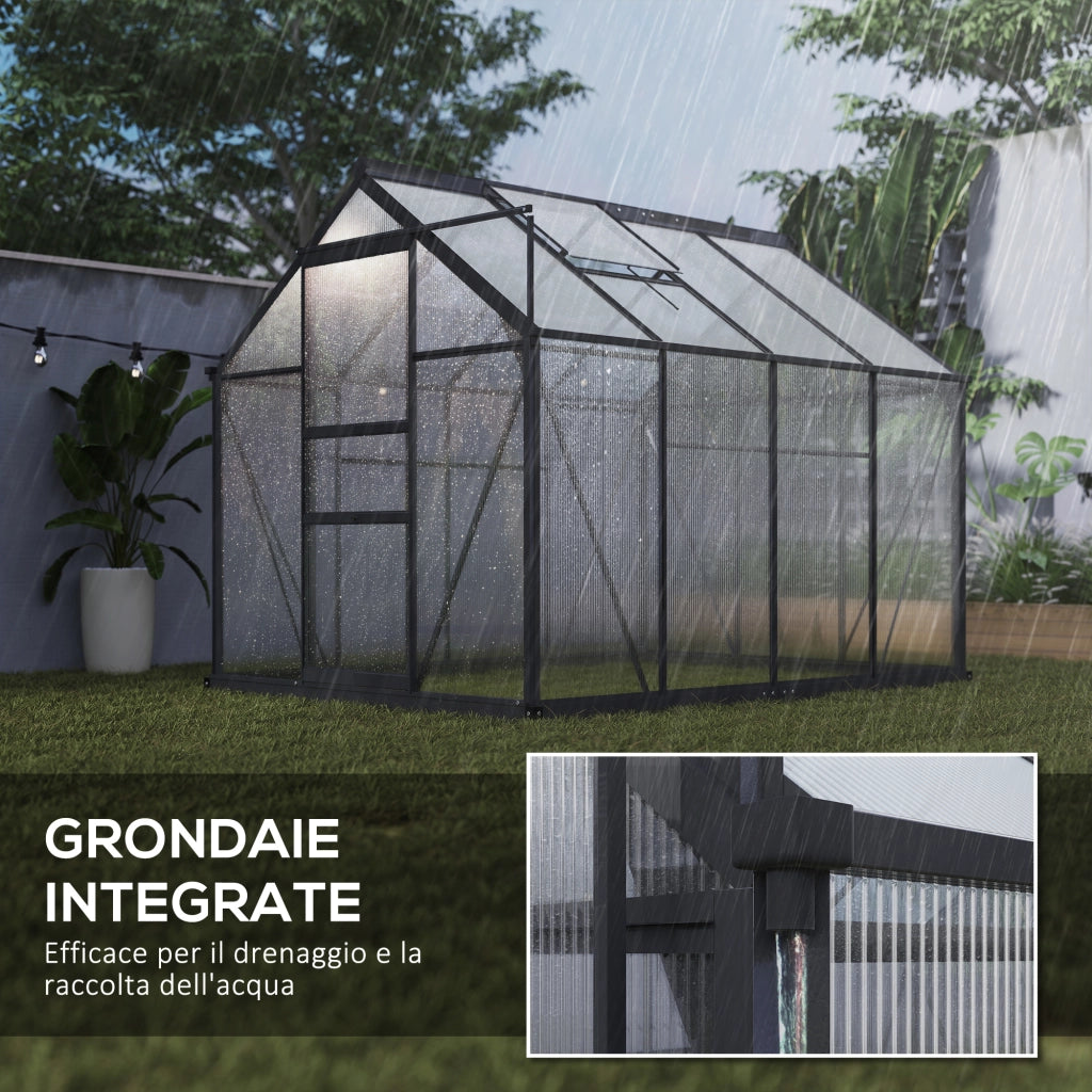 Serra 190x252x201 cm con Porta Scorrevole Presa d'Aria e Grondaia in Policarbonato e Alluminio Grigio