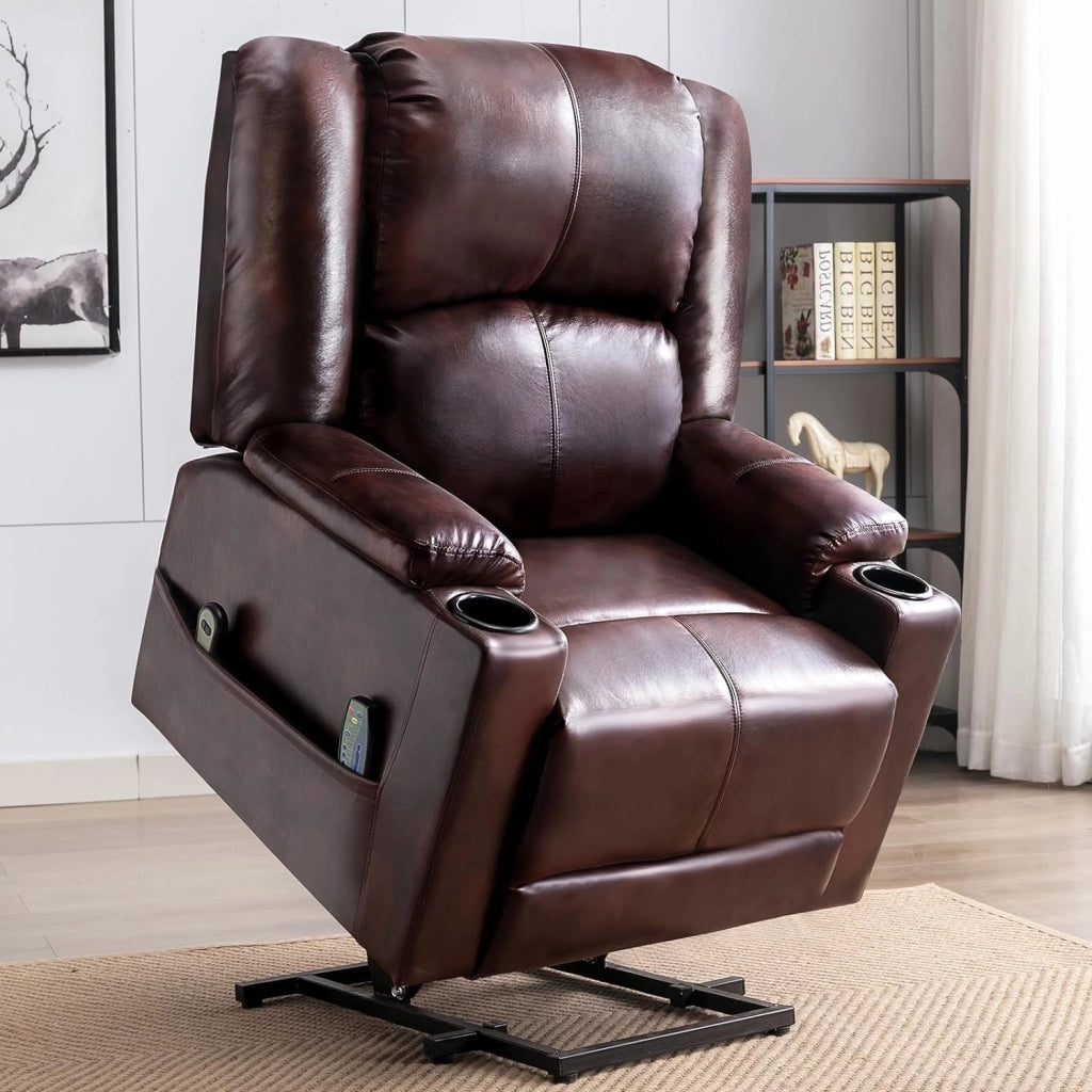 Poltrona Relax Reclinabile Poltrone Relax Elettriche Schienale Regolabile, Poggiapiedi Retrattile, con 2 Portabicchieri, Tasche Laterali, Supporto per Stare in Piedi, Pelle PU Marrone