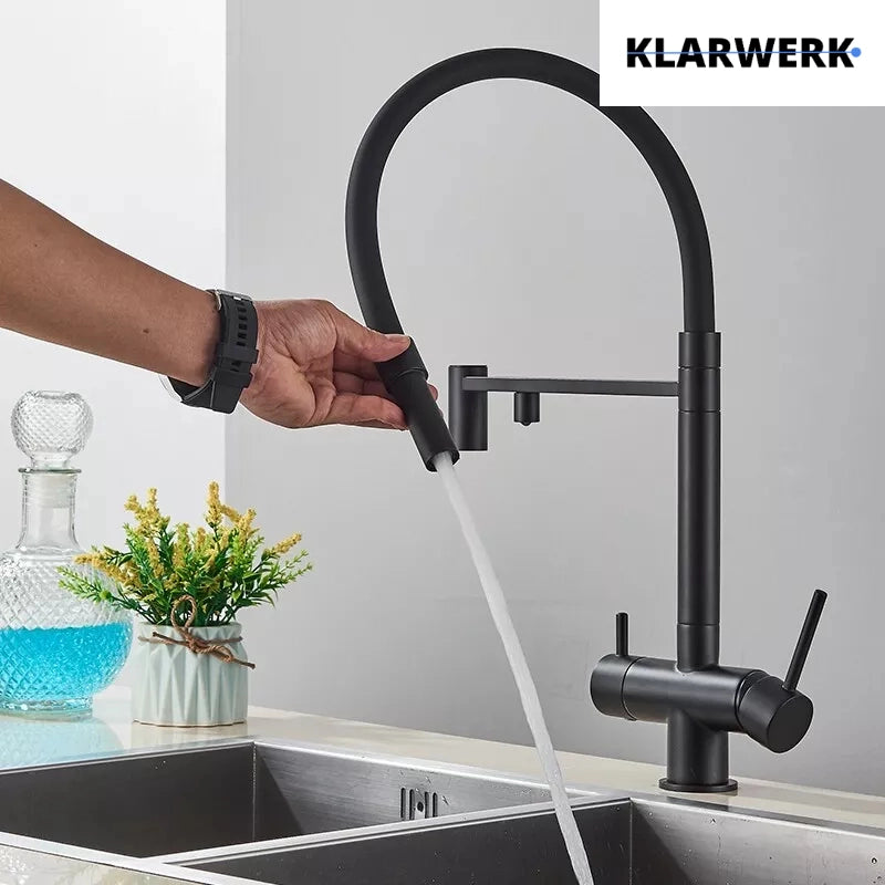 Lana | Rubinetto  estraibile 3 vie nero opaco | miscelatore da cucina per acqua potabile in acciaio inossidabile | Girevole a 360 iltra 3 connessioni