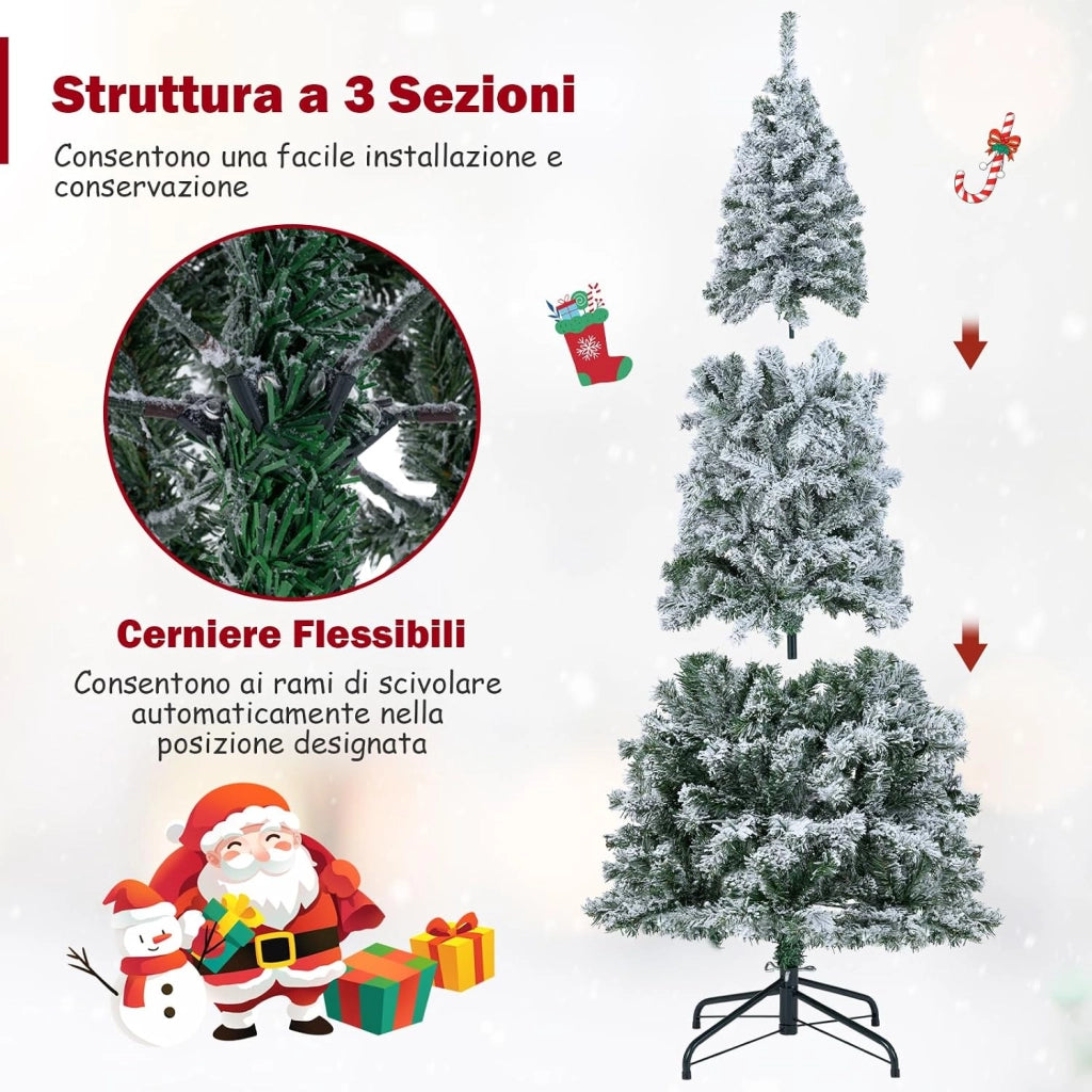 Albero di Natale Slim 180cm, Albero di Natale Innevato con 260 Luci LED, 8 Modalità, 533 Rami in PVC e Base in Metallo Pieghevole, Decorazione Natalizia per Casa e Ufficio (180 cm)