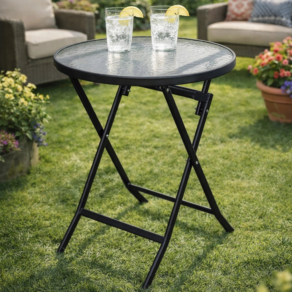 Tavolino Pieghevole Rotondo con Struttura Nera Tavolo Piano in Vetro 60x60x71cm