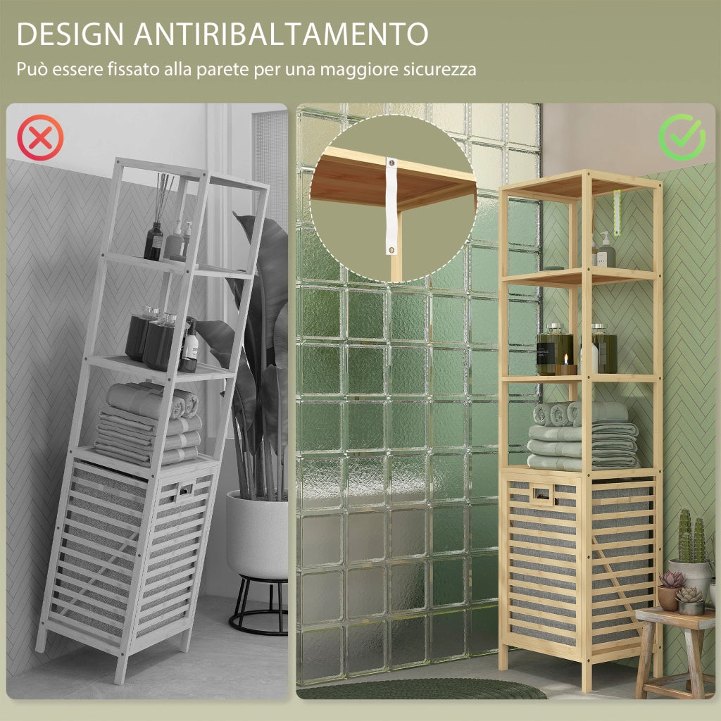 Colonna Bagno con Ripiani in Legno e Cesto ¨C zephmum ¨C Bianco 44x33x160cm