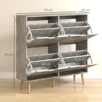 Mobile Scarpiera con 4 Cassetti Ribaltabili a 2 Livelli per 16 Paia, in Legno, 95x26x95 cm, Grigio