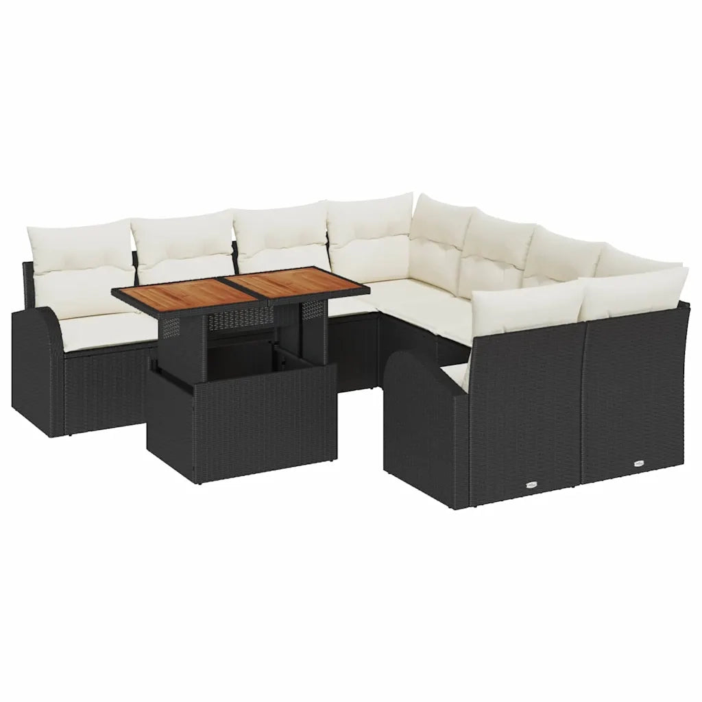 Set Divano da Giardino con cuscino 9 pcs Nero e crema