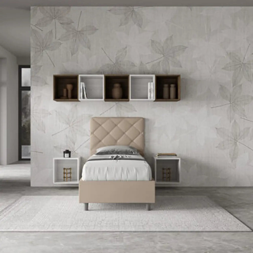 Letto singolo con rete imbottito 80x210 similpelle tortora Priya