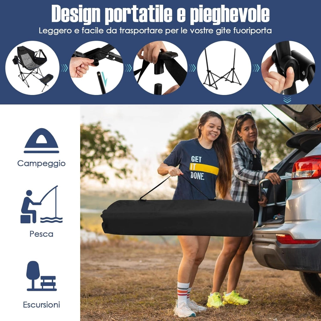 Sedia a Dondolo da Esterno Portatile, Sedia da Campeggio Pieghevole con Poggiapiedi Retrattile e Borsa da Trasporto, Ideale per Campeggio, Pesca e Picnic, Portata 150 kg (Nero)