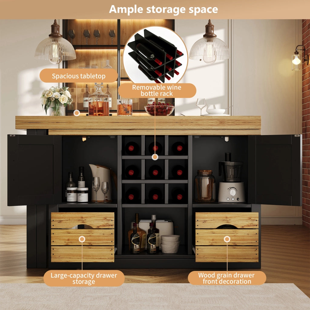 Tavolo allungabile con credenza, piano girevole 360°, 1 cassetto, per cucina e soggiorno, nero, 120 × 40 × 72 cm